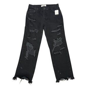 Free People Mid Rise Baggy Distressed Black Fray Straight Leg Jeans Size 26
